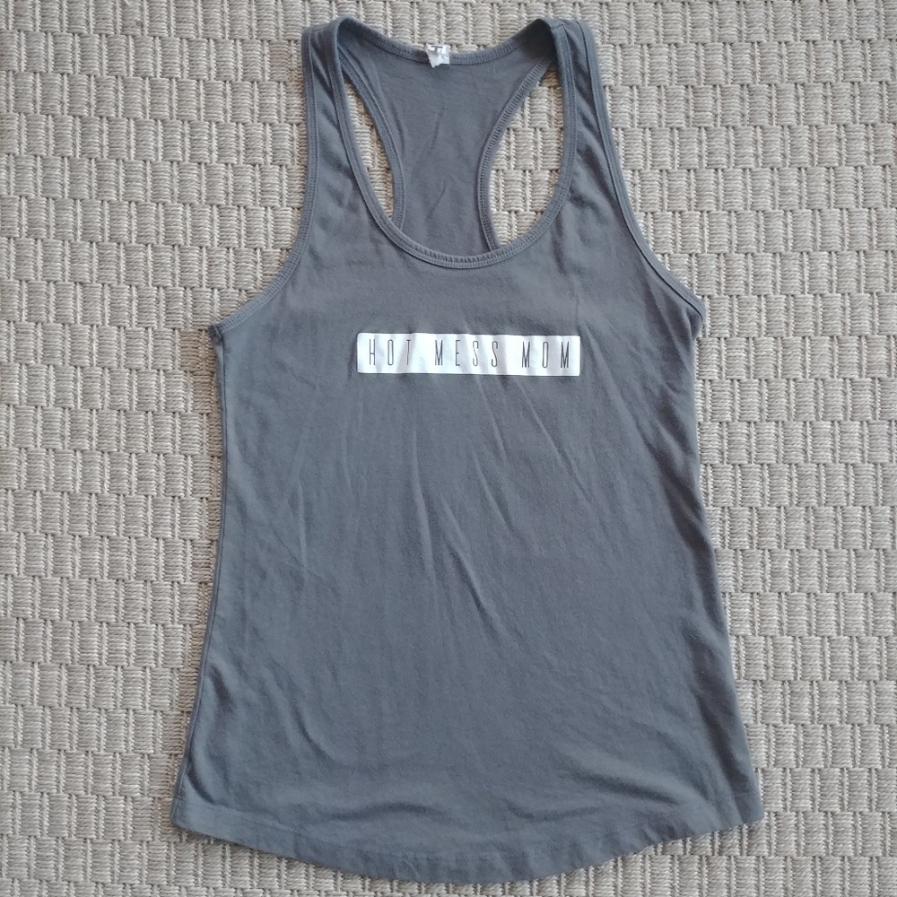 Cute "Hot Mess Mom" Gray Racerback Tank Top Sz L